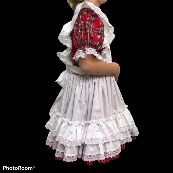 Vintage Golden Age Full Circle Plaid Pinafore Party Dress Ruffles Lace 80s - Picture 5 of 12